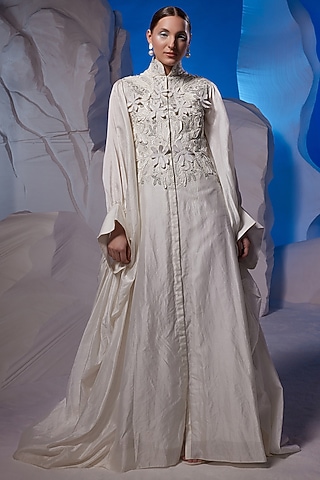 Ivory Cotton Silk Kaftan by Samant Chauhan