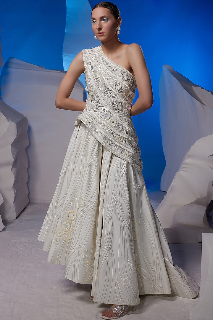 Ivory Silk & Cotton One-Shoulder Wedding Gown by Samant Chauhan at Pernia's Pop Up Shop