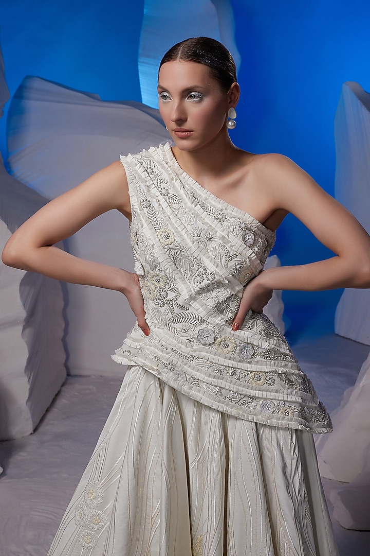Ivory Silk & Cotton One-Shoulder Wedding Gown by Samant Chauhan at Pernia's Pop Up Shop