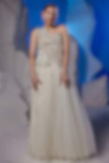 Ivory Net & Cotton Silk One-Shoulder Wedding Gown by Samant Chauhan at Pernia's Pop Up Shop
