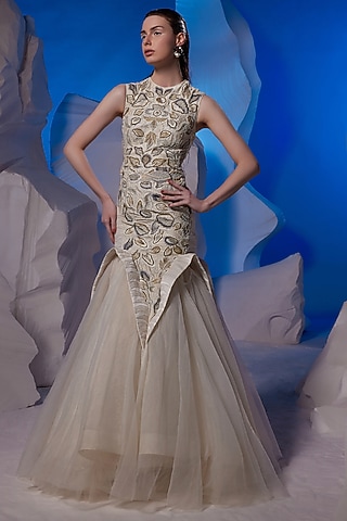Ivory Net & Cotton Silk Fish-Cut Gown by Samant Chauhan