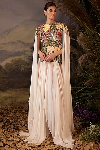 Off-White Cotton Silk Embroidered Gown by Samant Chauhan