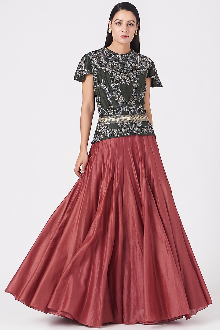 Red & Olive Green Cotton Silk Skirt Set by Samant Chauhan