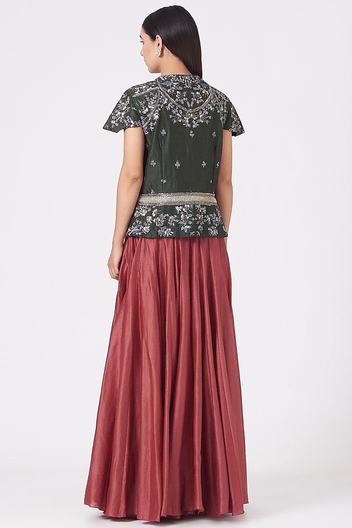 Red & Olive Green Cotton Silk Skirt Set by Samant Chauhan at Pernia's Pop Up Shop