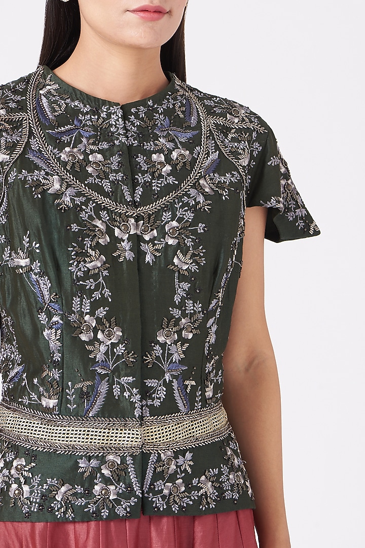Red & Olive Green Cotton Silk Skirt Set by Samant Chauhan at Pernia's Pop Up Shop