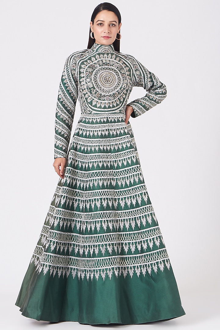 Green Zardosi Embroidered Gown by Samant Chauhan