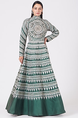 Green Zardosi Embroidered Gown by Samant Chauhan