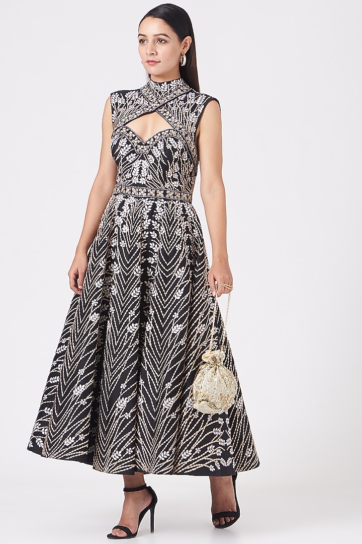 Black Zardosi Embroidered Party Wear Dress by Samant Chauhan at Pernia's Pop Up Shop