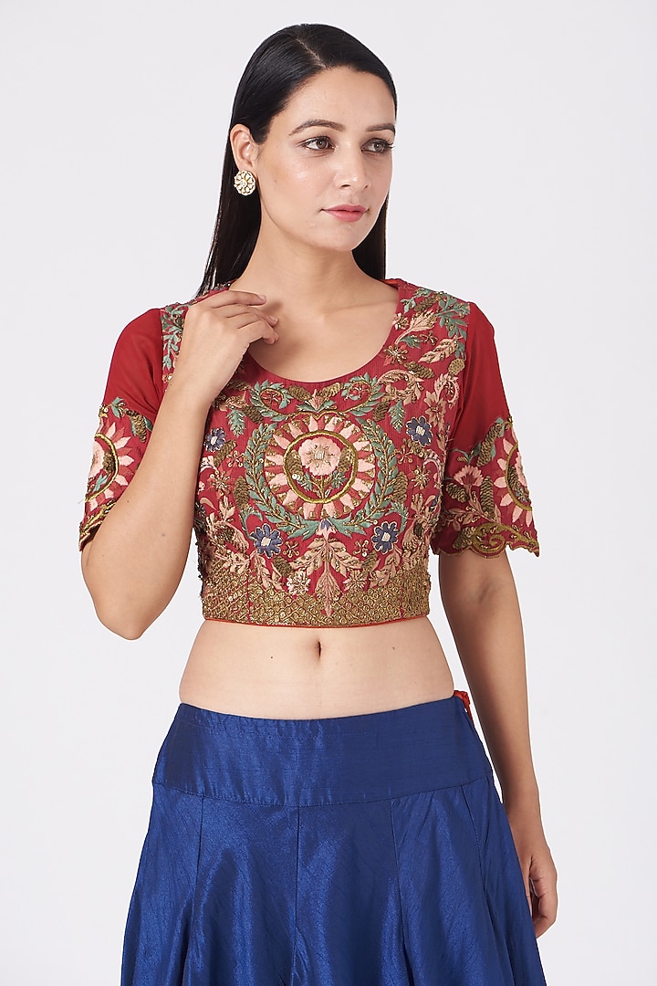 Red Zardosi Embroidered Blouse by Samant Chauhan at Pernia's Pop Up Shop