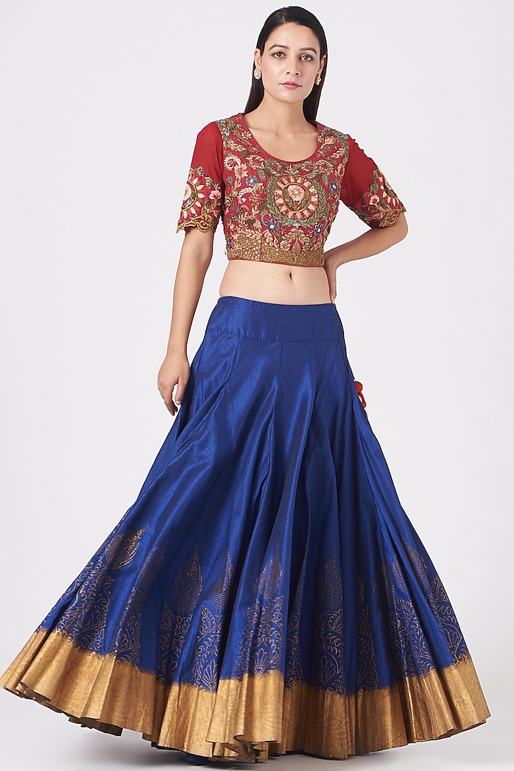Dark Blue Block Printed Skirt by Samant Chauhan at Pernia's Pop Up Shop