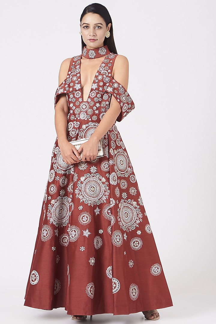 Crimson Red Zardosi Embroidered Gown by Samant Chauhan