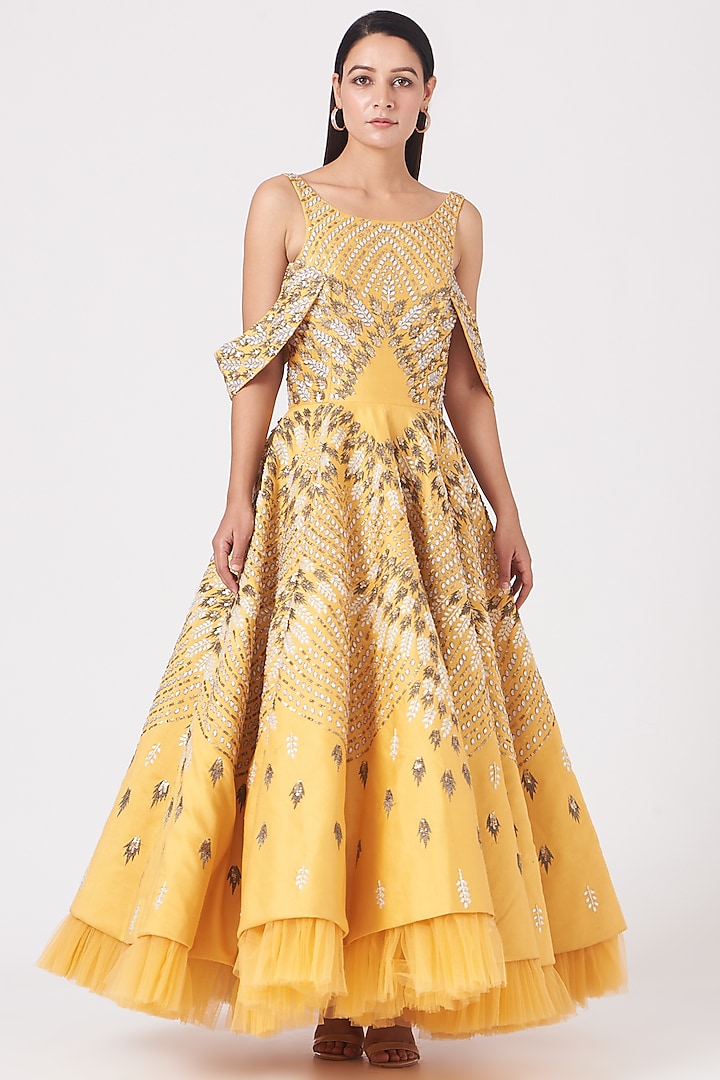 Yellow Embroidered Flared Gown by Samant Chauhan