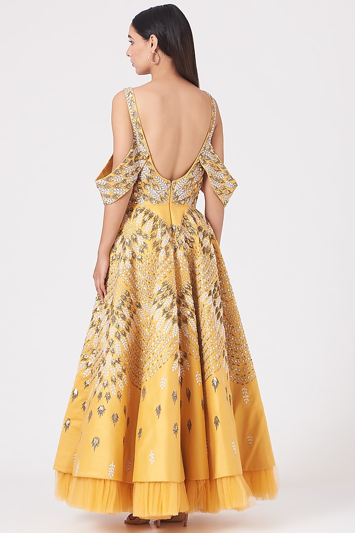 Yellow Embroidered Flared Gown by Samant Chauhan at Pernia's Pop Up Shop
