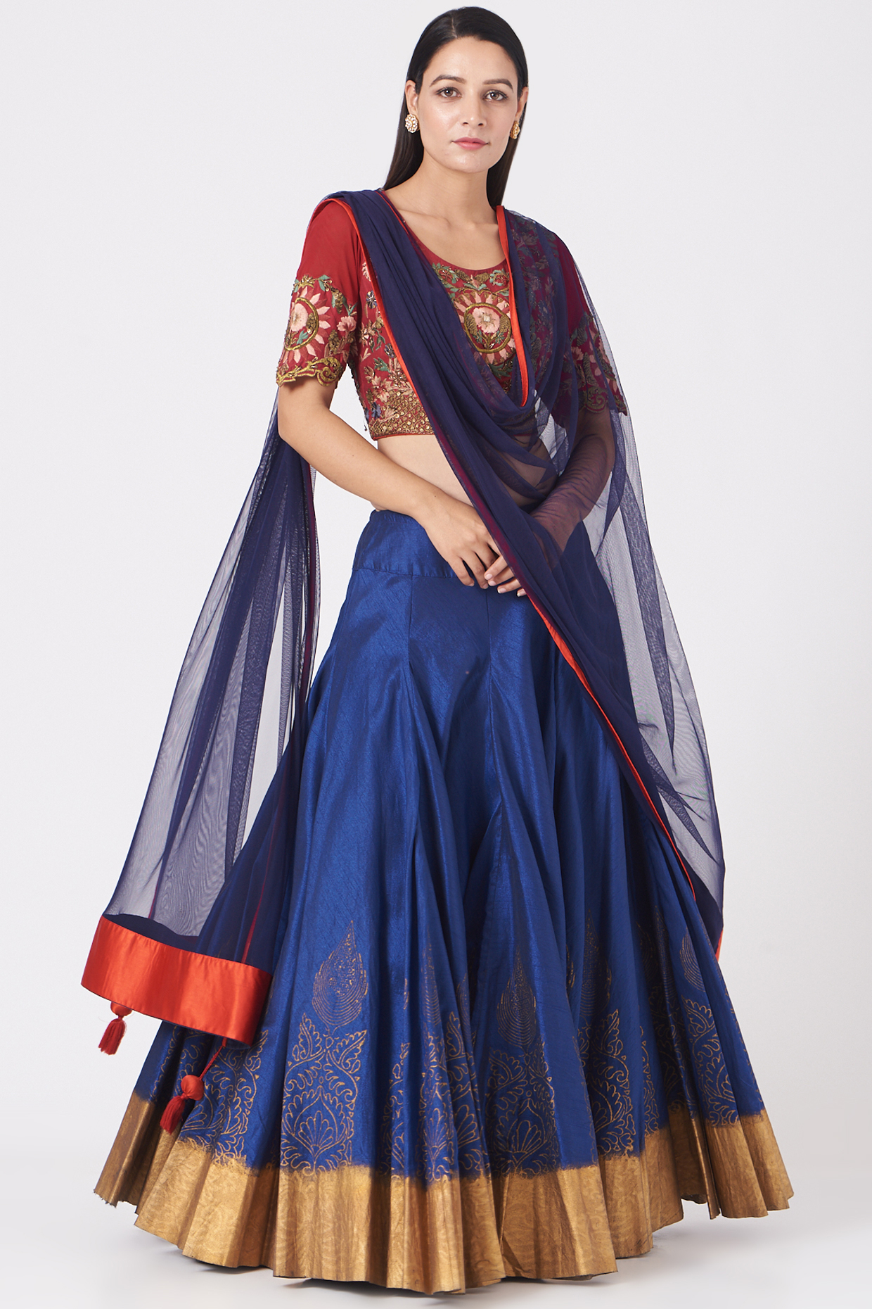 Navy Blue Block Printed Wedding Lehenga Set by Samant Chauhan at Pernia's Pop Up Shop