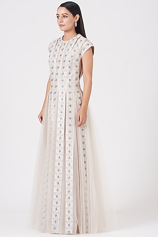 Pastel Pink Net Zardosi Embroidered Gown by Samant Chauhan