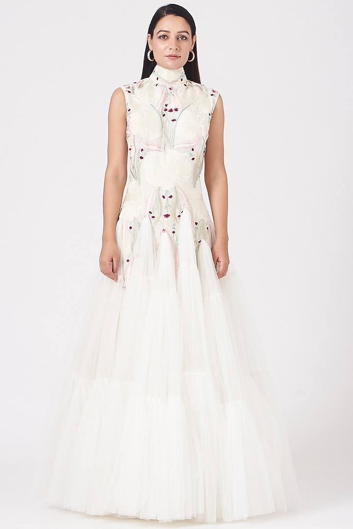 White Zardosi Embroidered Gown by Samant Chauhan at Pernia's Pop Up Shop