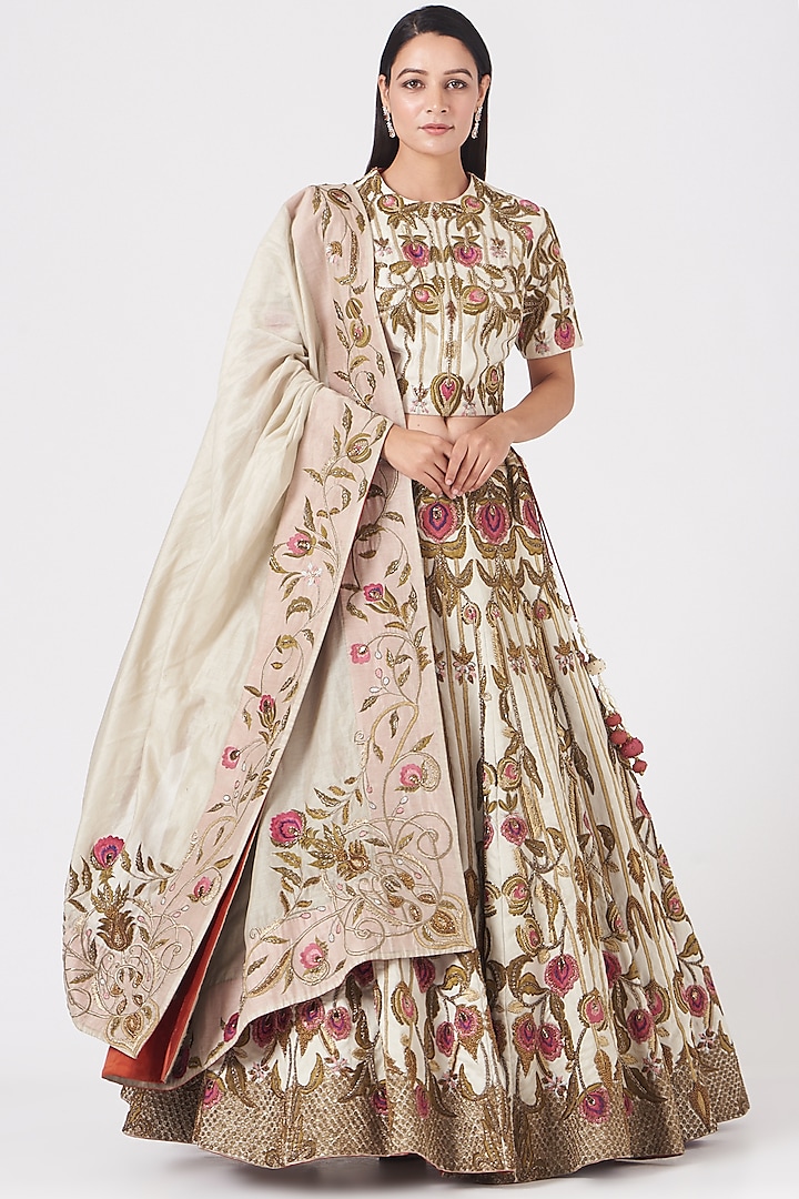 Beige Thread Embroidered Bridal Lehenga Set by Samant Chauhan at Pernia's Pop Up Shop