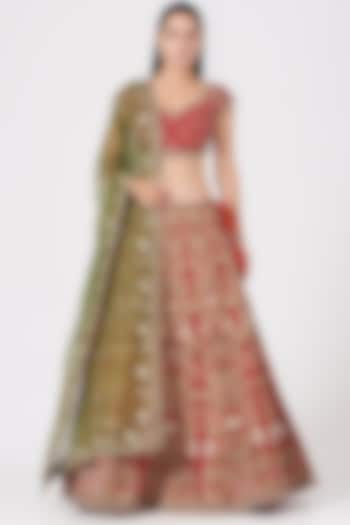 Red Thread Embroidered Bridal Lehenga Set by Samant Chauhan at Pernia's Pop Up Shop