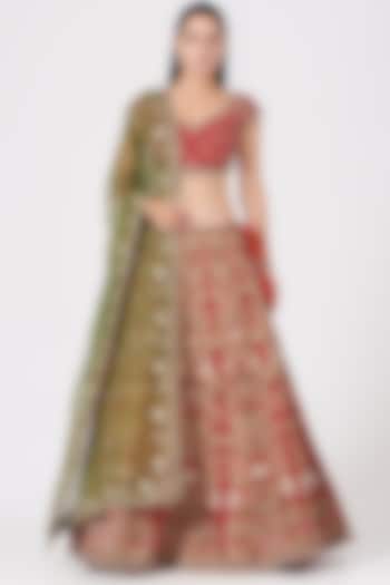 Red Thread Embroidered Lehenga Set by Samant Chauhan
