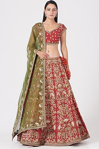 Red Thread Embroidered Lehenga Set by Samant Chauhan