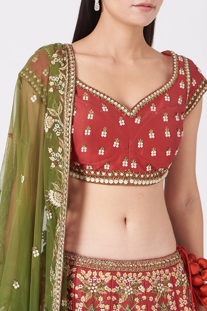 Red Thread Embroidered Bridal Lehenga Set by Samant Chauhan at Pernia's Pop Up Shop