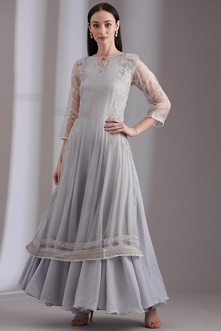 Grey Cotton Dress With Embroidered Overlay by Samant Chauhan