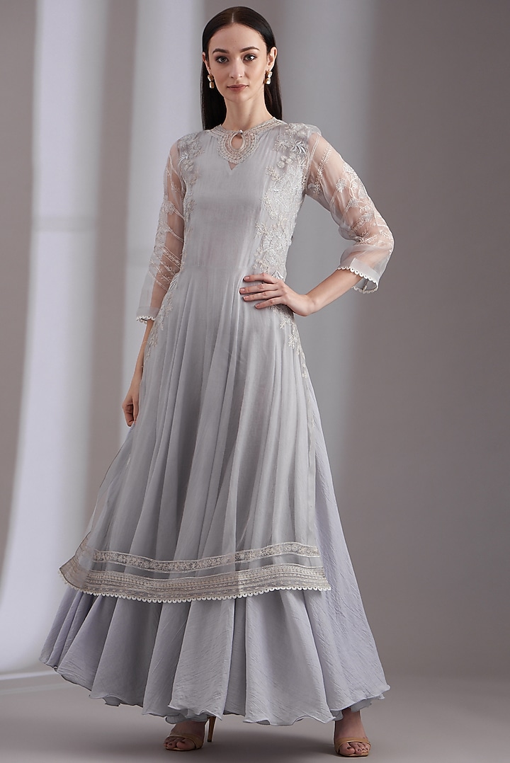 Grey Cotton Dress With Embroidered Overlay by Samant Chauhan at Pernia's Pop Up Shop