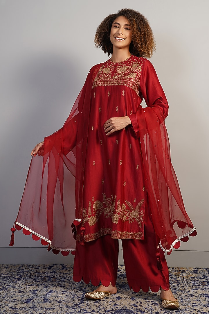 Garnet Red Cotton Silk Thread Embroidered Kurta Set by Samant Chauhan at Pernia's Pop Up Shop