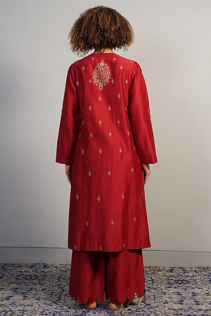 Garnet Red Cotton Silk Thread Embroidered Kurta Set by Samant Chauhan at Pernia's Pop Up Shop