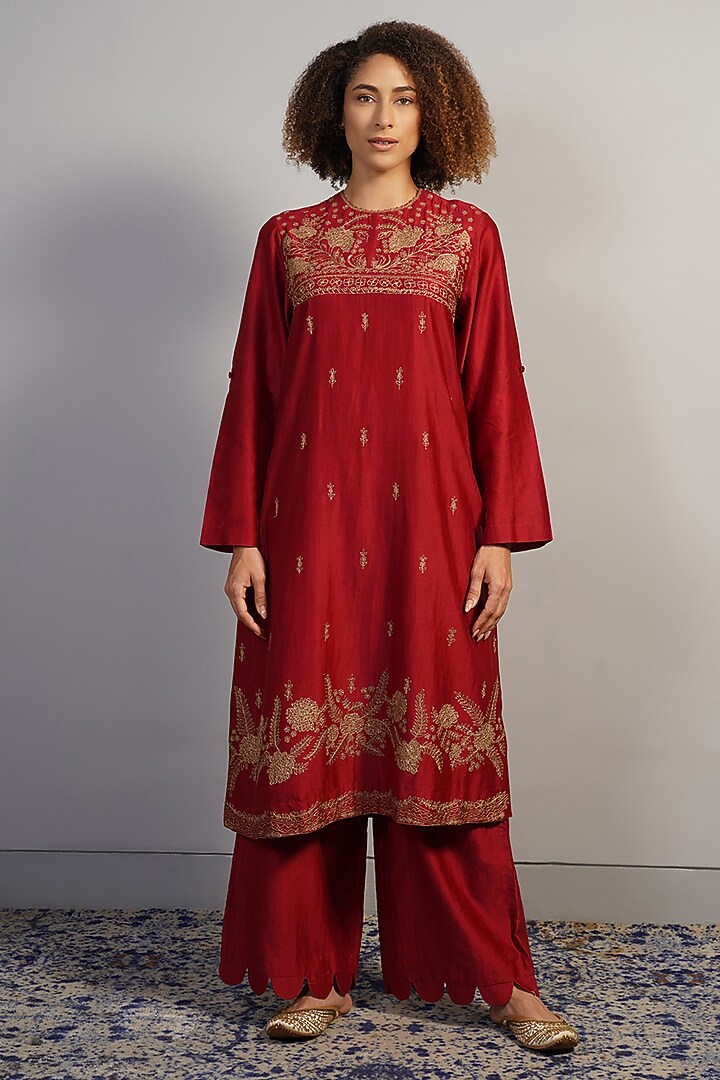 Garnet Red Cotton Silk Thread Embroidered Kurta Set by Samant Chauhan at Pernia's Pop Up Shop