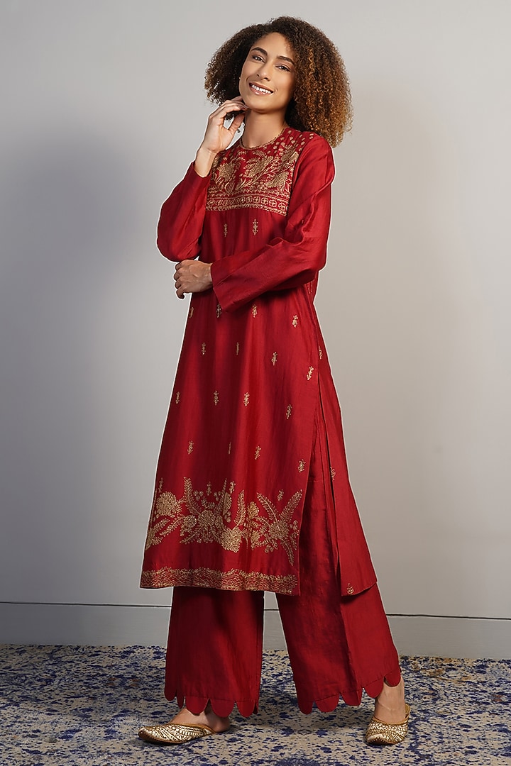 Garnet Red Cotton Silk Thread Embroidered Kurta Set by Samant Chauhan at Pernia's Pop Up Shop