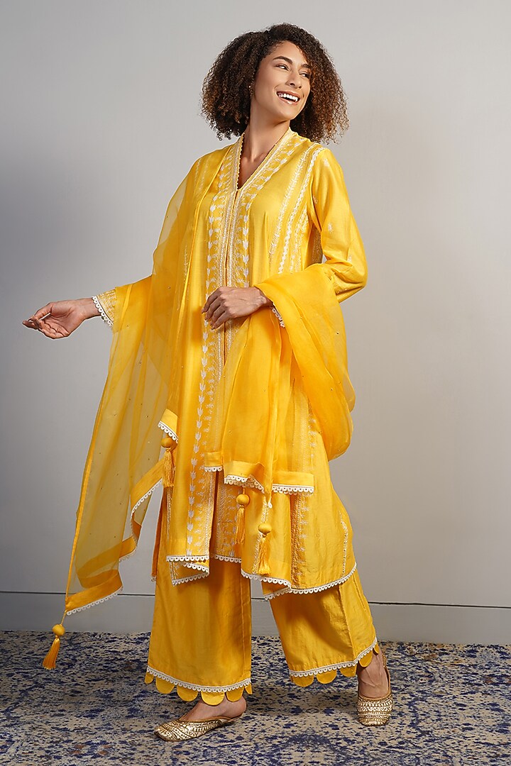 Bright Yellow Cotton Silk Thread Embroidered Kurta Set by Samant Chauhan at Pernia's Pop Up Shop