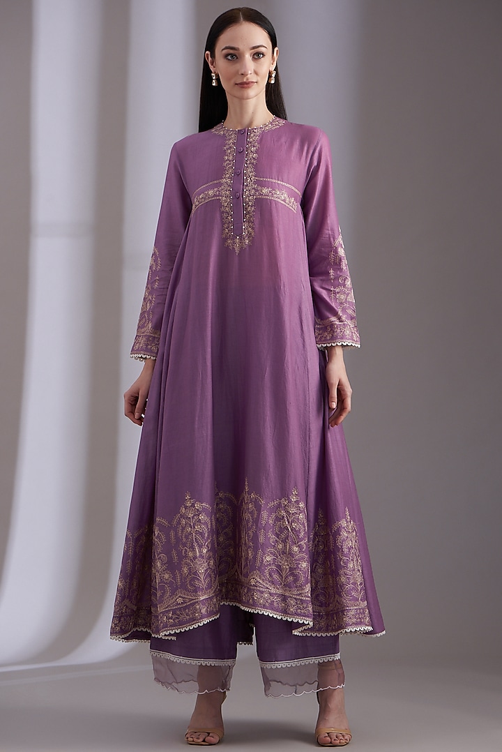 Lavender Chanderi Embroidered Anarkali Set by Samant Chauhan