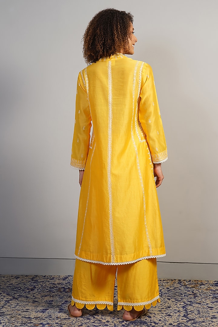 Bright Yellow Cotton Silk Thread Embroidered Kurta Set by Samant Chauhan at Pernia's Pop Up Shop