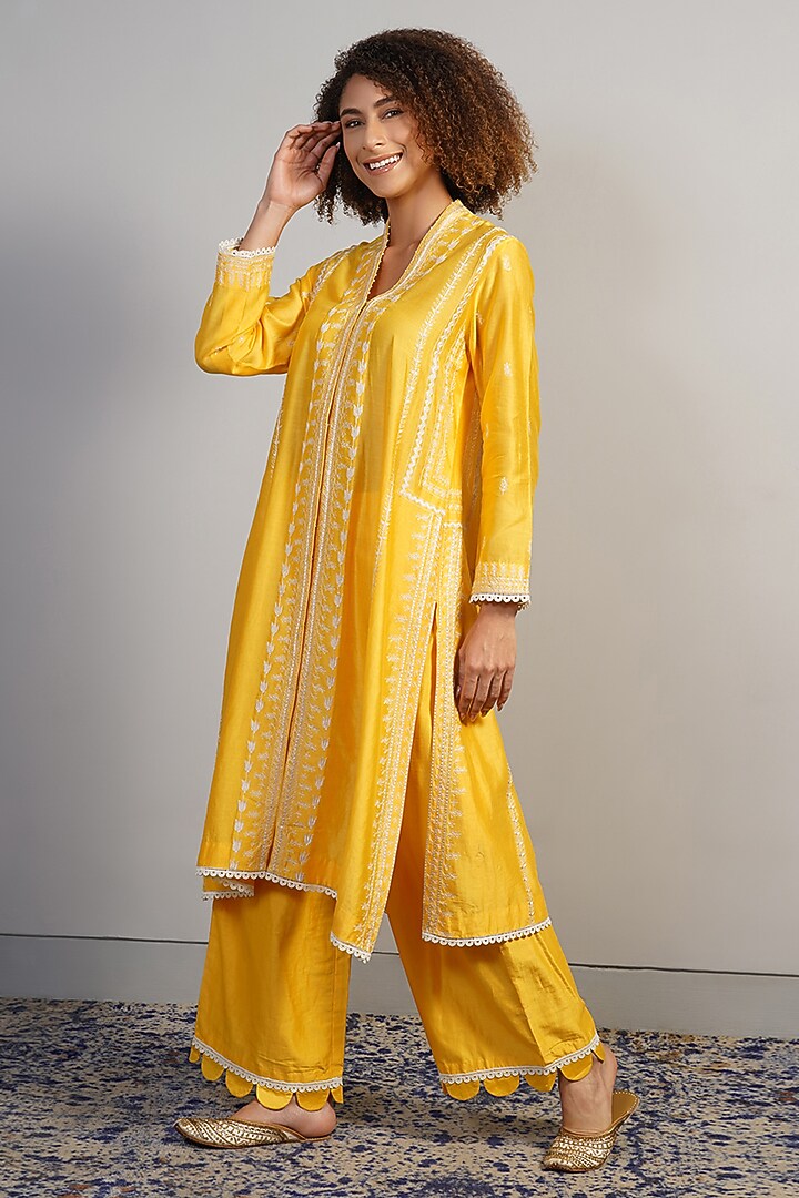 Bright Yellow Cotton Silk Thread Embroidered Kurta Set by Samant Chauhan at Pernia's Pop Up Shop