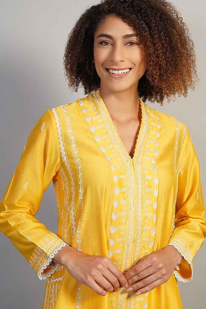 Bright Yellow Cotton Silk Thread Embroidered Kurta Set by Samant Chauhan at Pernia's Pop Up Shop