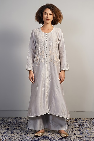 Grey Cotton Silk Thread Embroidered Kurta Set by Samant Chauhan
