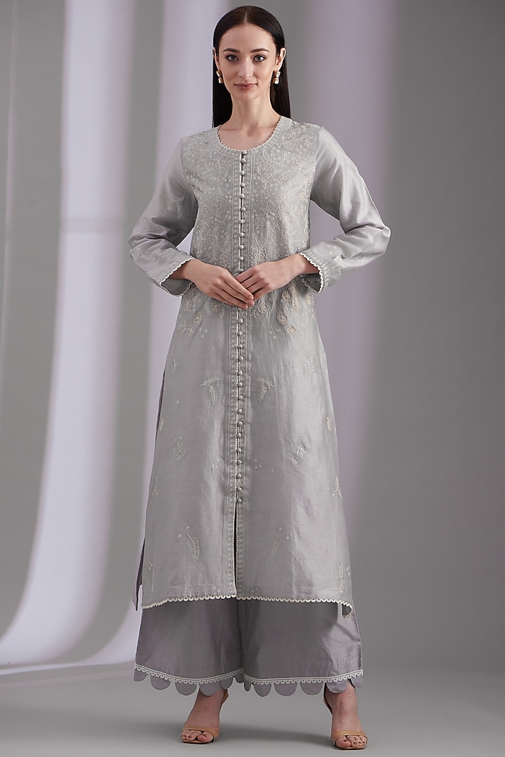 Grey Cotton Silk Embroidered Kurta Set by Samant Chauhan at Pernia's Pop Up Shop