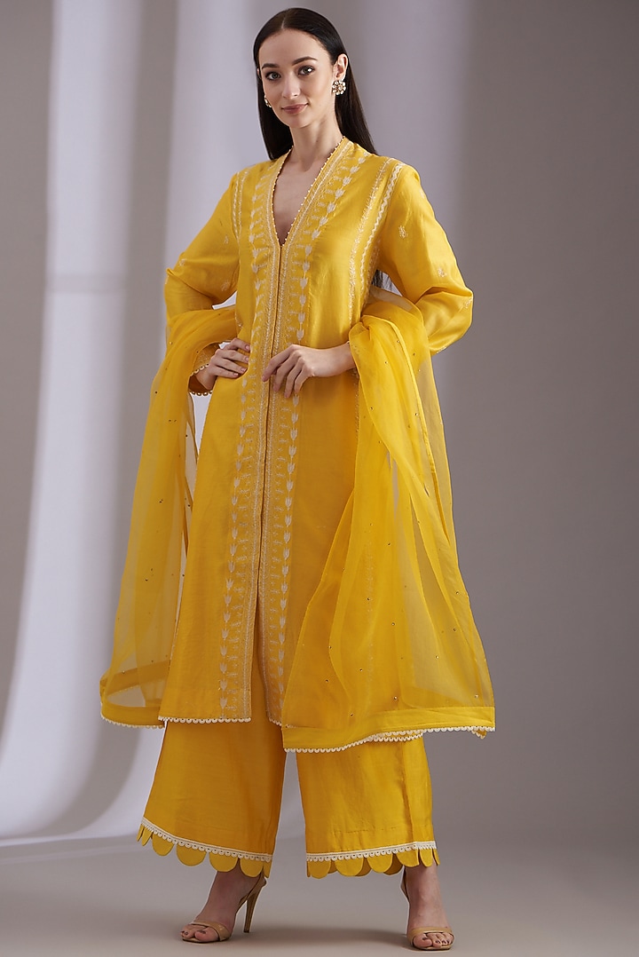 Sunshine Yellow Cotton Embroidered Kurta Set by Samant Chauhan at Pernia's Pop Up Shop