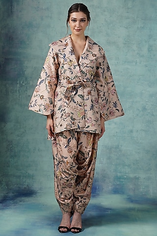 Peach Printed Jacket Set by Samant Chauhan
