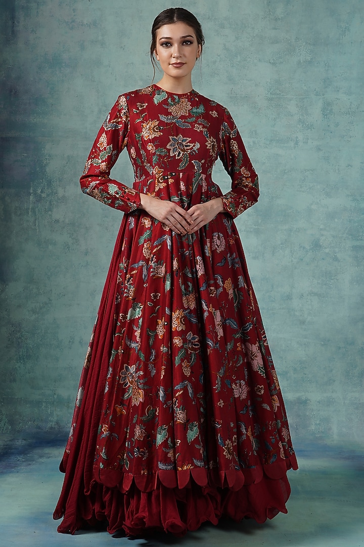 Red Printed Wedding Anarkali Set by Samant Chauhan at Pernia's Pop Up Shop