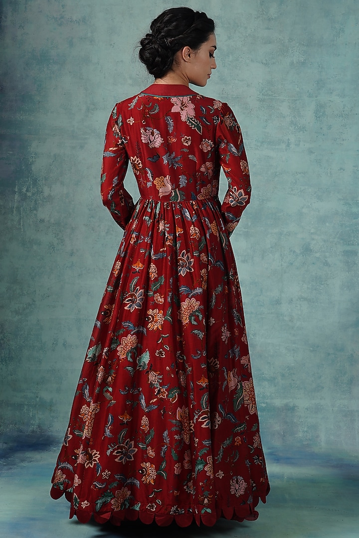 Red Chanderi Printed Wedding Anarkali Set by Samant Chauhan at Pernia's Pop Up Shop