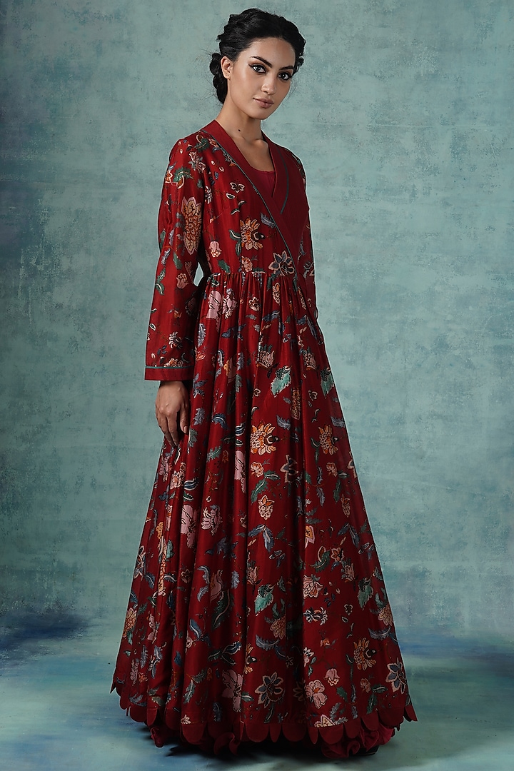 Red Chanderi Printed Wedding Anarkali Set by Samant Chauhan at Pernia's Pop Up Shop