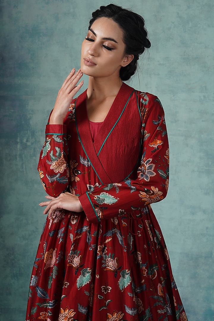 Red Chanderi Printed Wedding Anarkali Set by Samant Chauhan at Pernia's Pop Up Shop