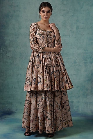 Peach Printed Flared Skirt Set by Samant Chauhan