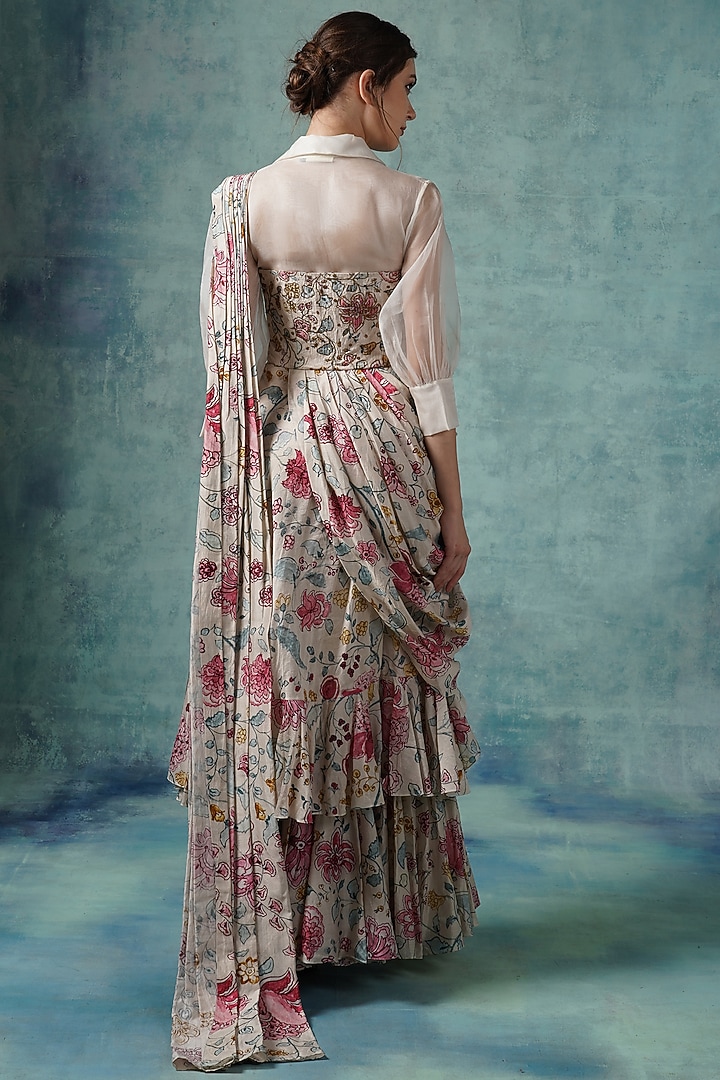 Pearl White Printed Draped Wedding Saree Set by Samant Chauhan at Pernia's Pop Up Shop