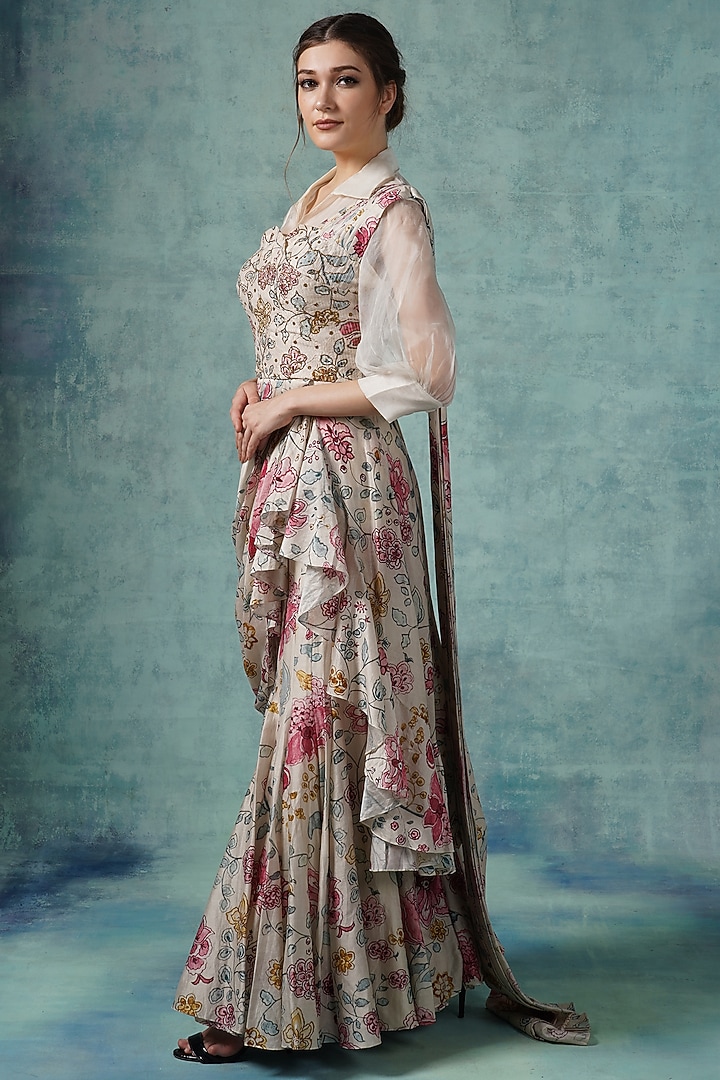 Pearl White Printed Draped Wedding Saree Set by Samant Chauhan at Pernia's Pop Up Shop