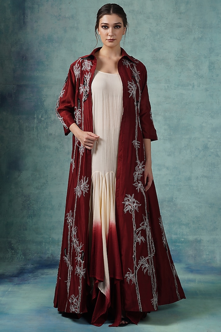 Wine Embroidered Jacket Dress by Samant Chauhan