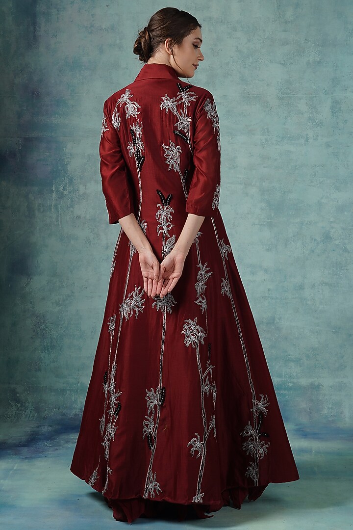 Wine Cotton Ombre Asymmetrical Jacket Party Wear Dress by Samant Chauhan at Pernia's Pop Up Shop