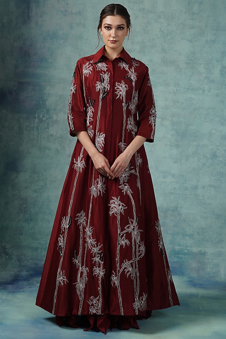 Wine Cotton Ombre Asymmetrical Jacket Party Wear Dress by Samant Chauhan at Pernia's Pop Up Shop